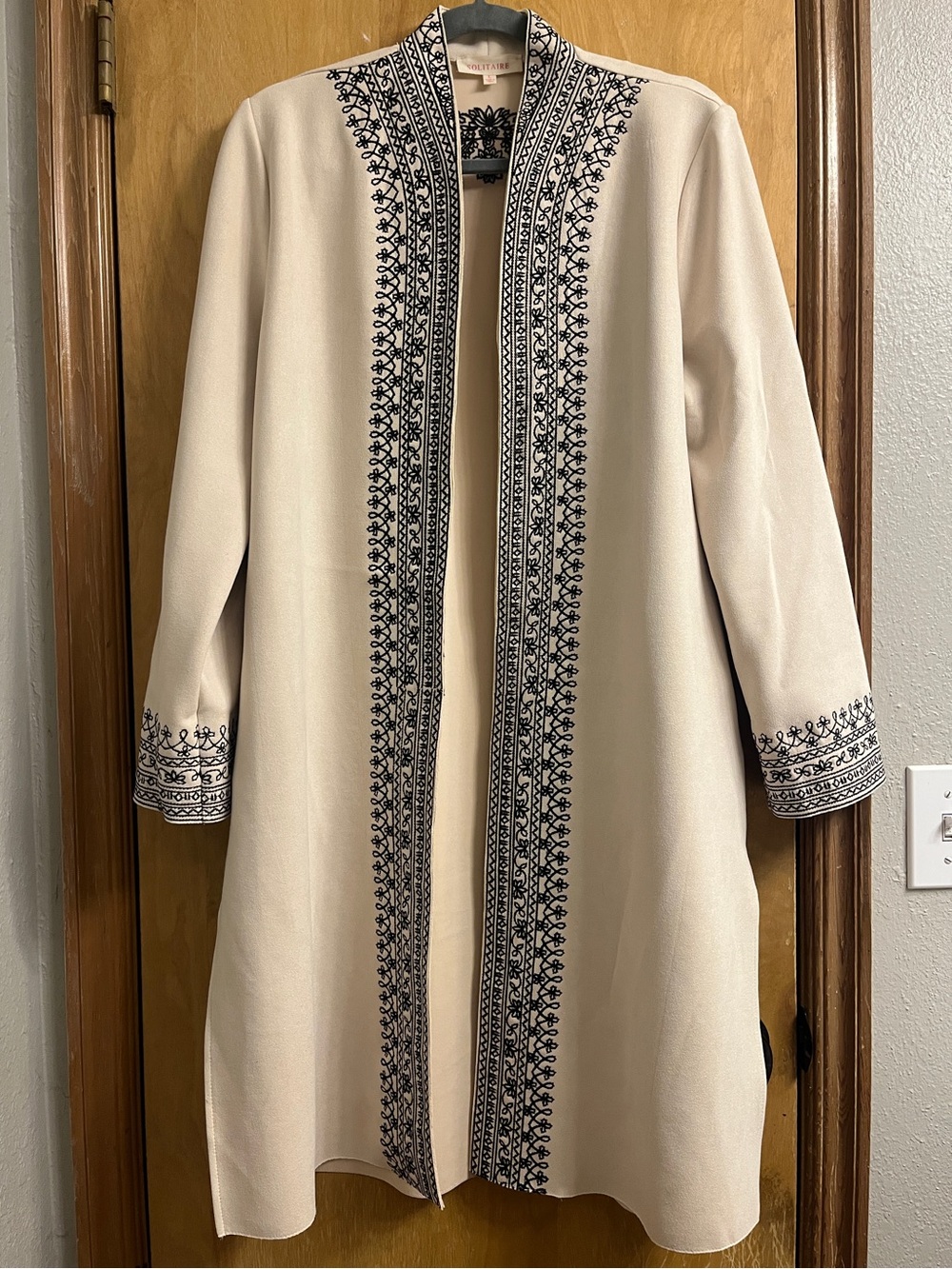 Solitaire for Anthropologie Embroidered Open-Front Ivory Duster Cardigan - L